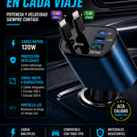 CARGADOR 4 EN 1 PARA AUTO 120W – 4 en 1 ⚡️ | 2 Cables Tipo C + USB + USB-C | Pantalla LED