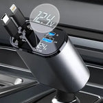 CARGADOR 4 EN 1 PARA AUTO 120W – 4 en 1 ⚡️ | 2 Cables Tipo C + USB + USB-C | Pantalla LED